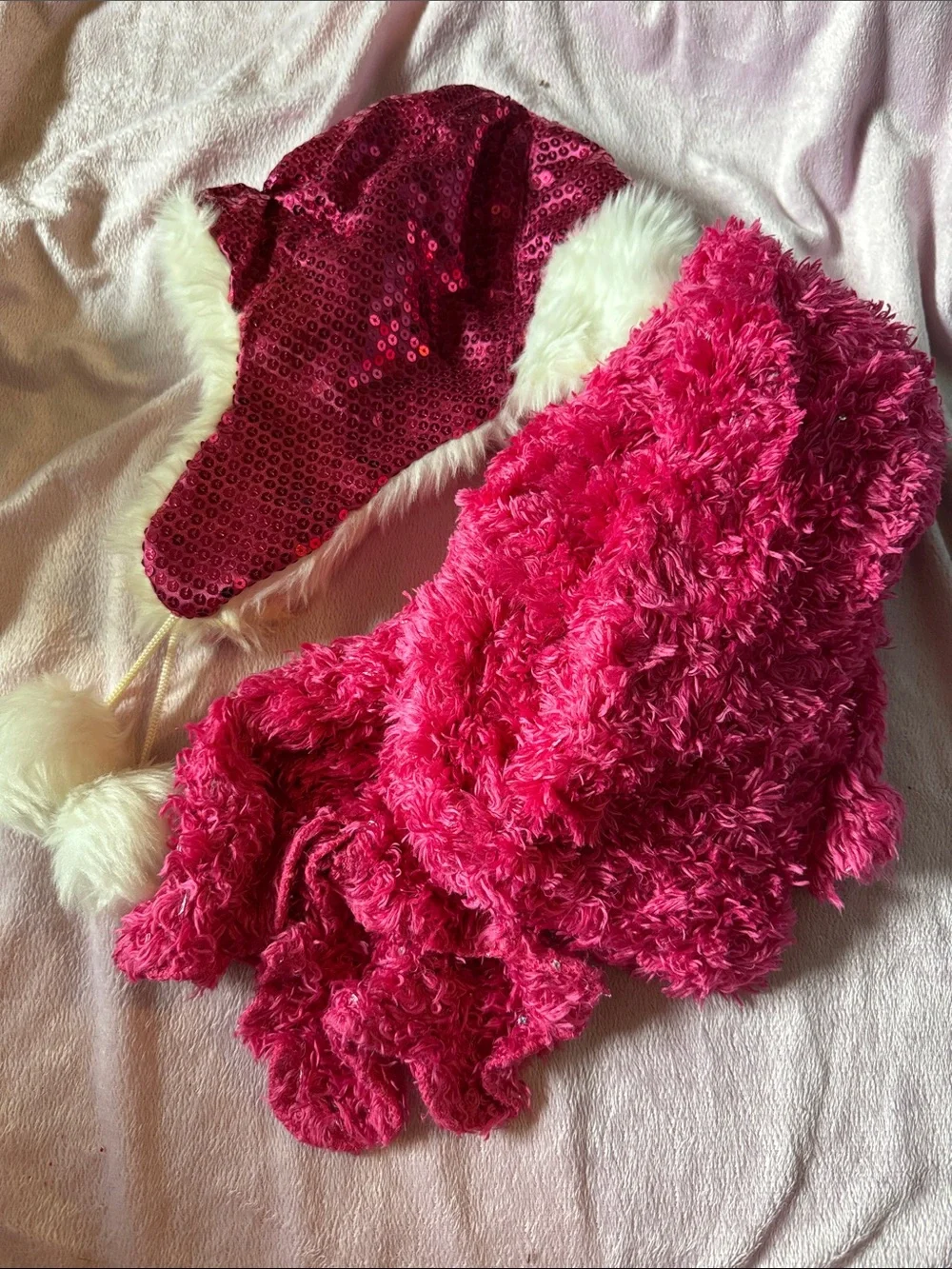 Pink Fuzzy scarf and Sequin Hat Set